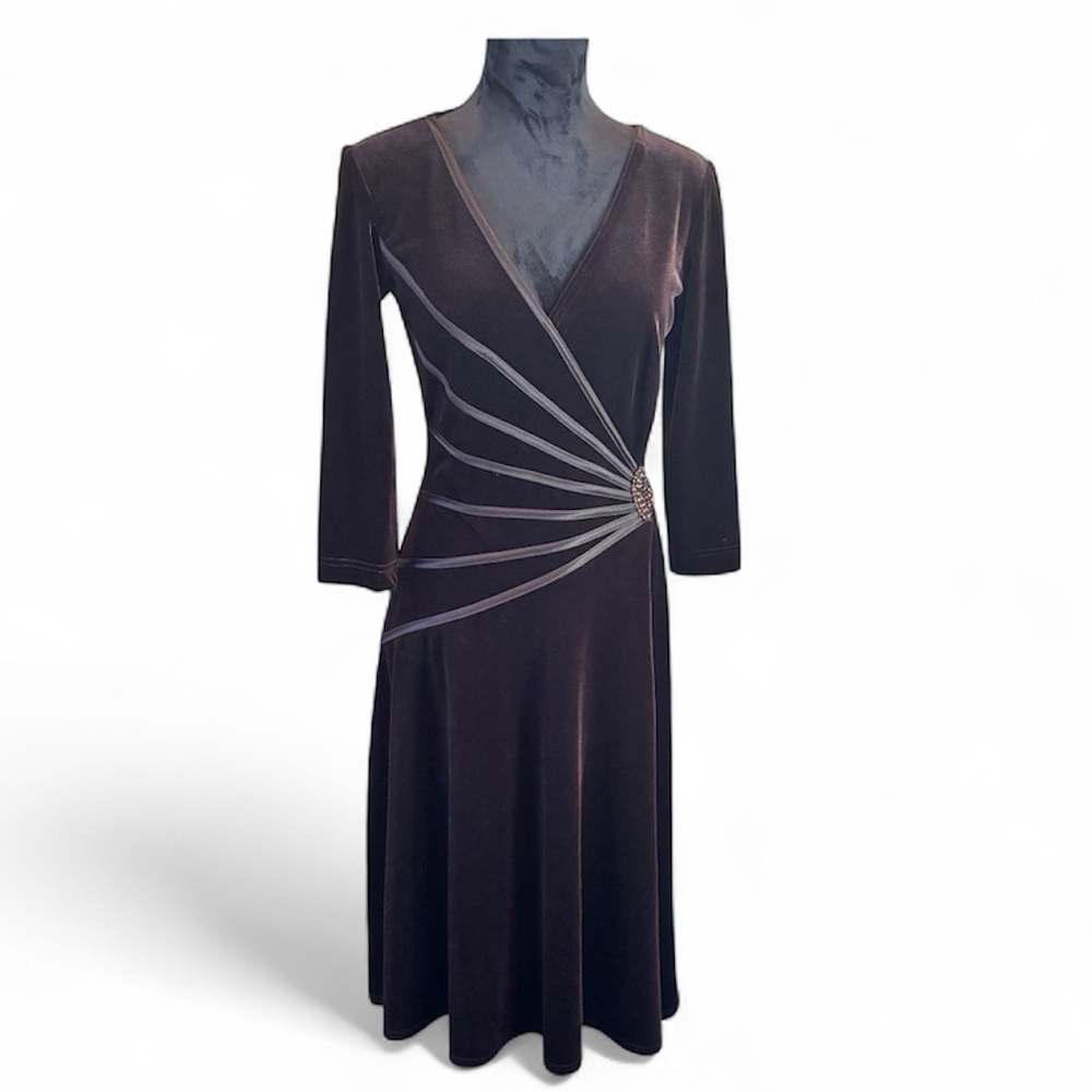 Tadashi Dark Brown Velvet Embellished Midi Dress,Medium, Vintage Holidays Church
